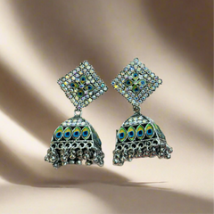 Silver Oxidised Peacock Square Jhumka