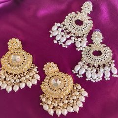 Gold Platted Kundan White Floral Pearl Chandbali Traditiaon