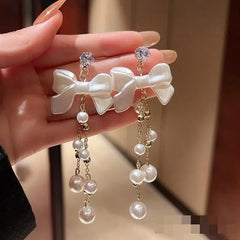 Ribbon Pearl Hanging Earrings-Anti Tarnish || Waterproof