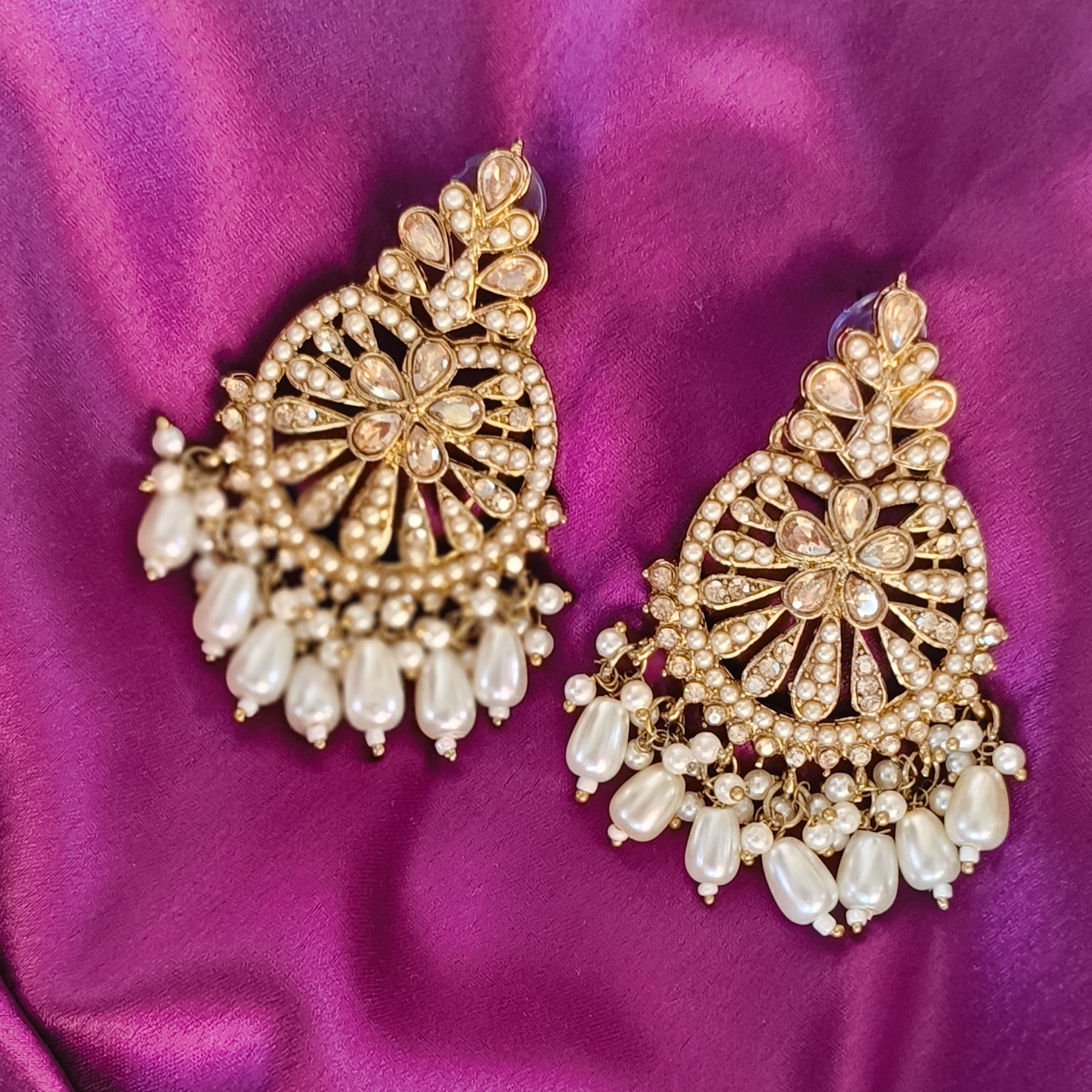 Kundan and Pearl Chandbali Earrings